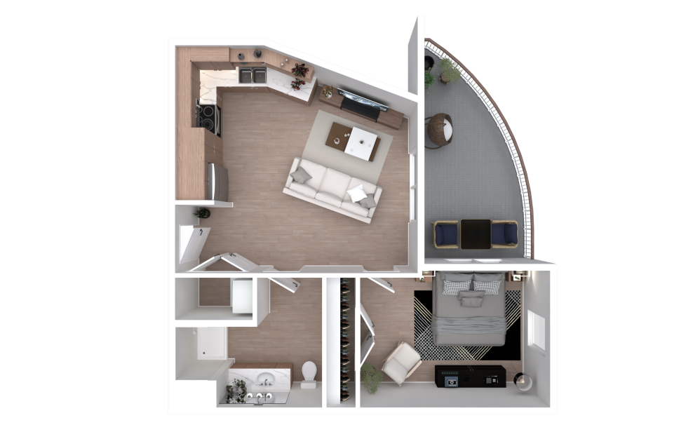 1.7 - 1 bedroom floor plan layout with 1 bathroom and 572 square feet
